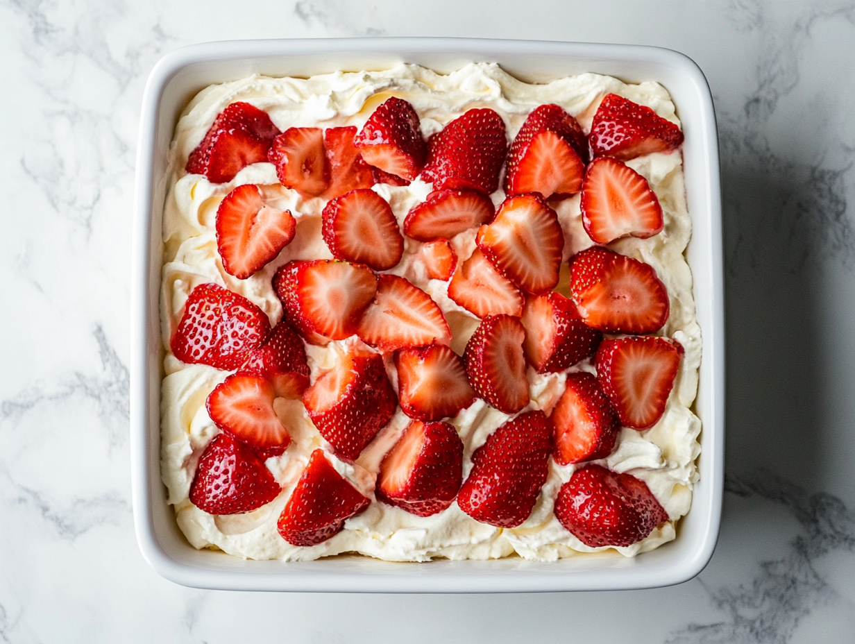 A beautifully layered strawberry cream cheese angel food cake dessert served in a glass dish. The fluffy cream cheese mixture is spread evenly over soft angel food cake pieces, topped with vibrant red strawberry slices. The dessert looks creamy, refreshing, and perfect for a light yet indulgent treat.