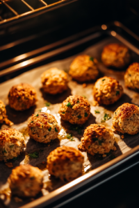 A top-down view of a parchment-lined baking sheet filled with stuffing balls inside a preheated oven. The stuffing balls are slowly turning golden brown, developing a crispy exterior while remaining soft inside. The oven light casts a warm glow, emphasizing the texture of the bread cubes and parsley.