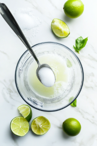 Granulated white sugar and thick, creamy sweetened condensed milk are added into the blender already containing lime and water. These ingredients begin to dissolve, creating a beautifully sweet and tangy base for Brazilian lemonade. This step balances the sourness of the lime with a smooth and indulgent sweetness that defines the drink.