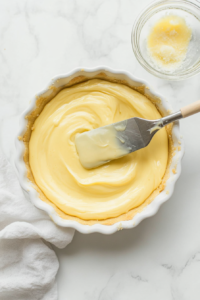 A top-down image of warm coconut custard being poured and spread into the completely cooled vanilla wafer pie crust using a white spatula. The custard has a creamy consistency and fills the crust evenly. A glass bowl with leftover custard and measuring cups are in the background, all set on a clean white marble countertop.