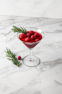 Top-down view of a beautifully crafted Mistletoe Martini served in a clear martini glass placed on a white marble countertop. The cocktail is a vibrant cherry red, garnished with fresh raspberries and a sprig of rosemary, highlighting its festive appeal. The clean background adds elegance and keeps the viewer's focus on the cocktail. This image visually represents the final drink, ideal for holiday cocktail menus, seasonal social media posts, or recipe blogs looking to showcase holiday-themed cocktails with a sophisticated presentation.