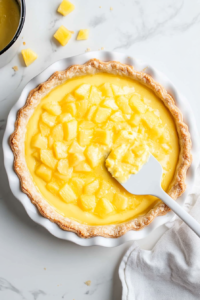 Top-down view of the chilled coconut custard layer being topped with the cooled pineapple mixture. A small offset spatula is used to gently spread the bright yellow pineapple topping evenly over the custard inside the pie crust. The scene is kept simple, with ingredients like lime and cornstarch nearby on the white marble countertop.