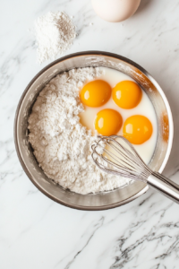 Top-down view of coconut custard being cooked in a stainless steel saucepan over medium heat. The mixture includes flour, sugar, kosher salt, full-fat coconut milk, regular milk, and eggs, now thickening into a smooth custard. A spatula rests nearby, and ingredients like vanilla extract and coconut rum sit beside the pot. Everything is arranged on a white marble counter.