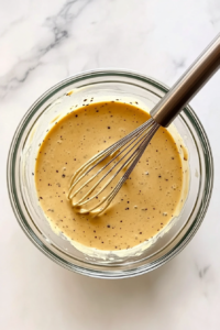 A stainless steel whisk is used to blend all the ingredients—mayonnaise, ketchup, mustard, dried onion, garlic, vinegar, hot sauce, and pepper—into a smooth and creamy consistency. The glass bowl shows a unified, velvety sauce, and the clean marble background enhances the visual appeal of this simple yet delicious step.