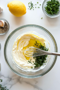A whisk is seen blending all the ingredients in a glass bowl, transforming them into a creamy and smooth lemon garlic sauce. The image focuses on the gentle motion and texture of the mixture, showing how everything comes together to form a rich and flavorful dip with consistent texture and balanced color.