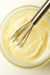 A clear glass mixing bowl on a white marble surface holds a smooth custard mixture of heavy cream, sugar, one egg, one egg yolk, and vanilla extract. A stainless steel whisk is in the bowl. The nearby tart shell is already filled with neatly arranged apple slices. This step illustrates the preparation of the rich custard base that will soak into the apples during baking, bringing creaminess to the tart.