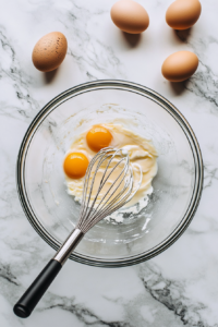 Top-down view of a large clear glass mixing bowl filled with eggs, half and half, sour cream, salt, and pepper being whisked together. A metal whisk is seen in motion, blending the ingredients into a smooth, creamy egg mixture. All items are set on a clean white marble countertop for clarity.