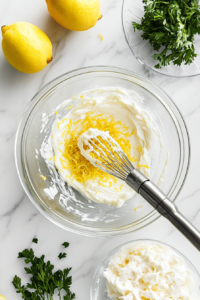 A lemon is being zested and juiced directly into the glass bowl already containing mayonnaise and sour cream. You can see lemon zest falling into the bowl while juice is being squeezed in, adding a bright, tangy flavor. The image focuses on capturing the freshness and vibrant essence of citrus in the recipe.
